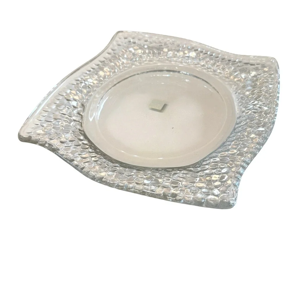 PartyLite Clear Textured Glass 3-Wick‎ Candle Holder Plate Wave Edge Table Decor